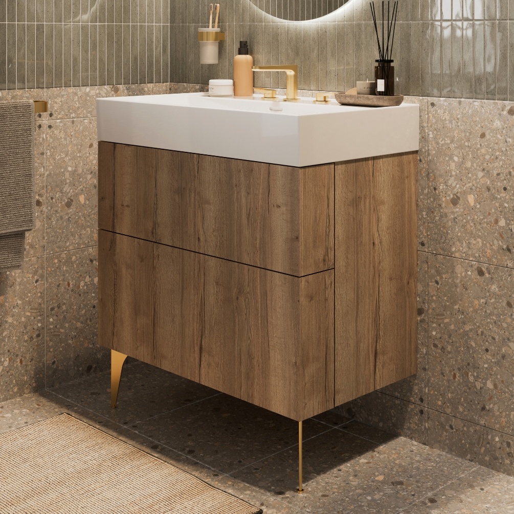 Close up product lifestyle image of the Crosswater Avenue Windsor Oak 800mm Double Drawer Unit with a three tap hole basin and furniture legs