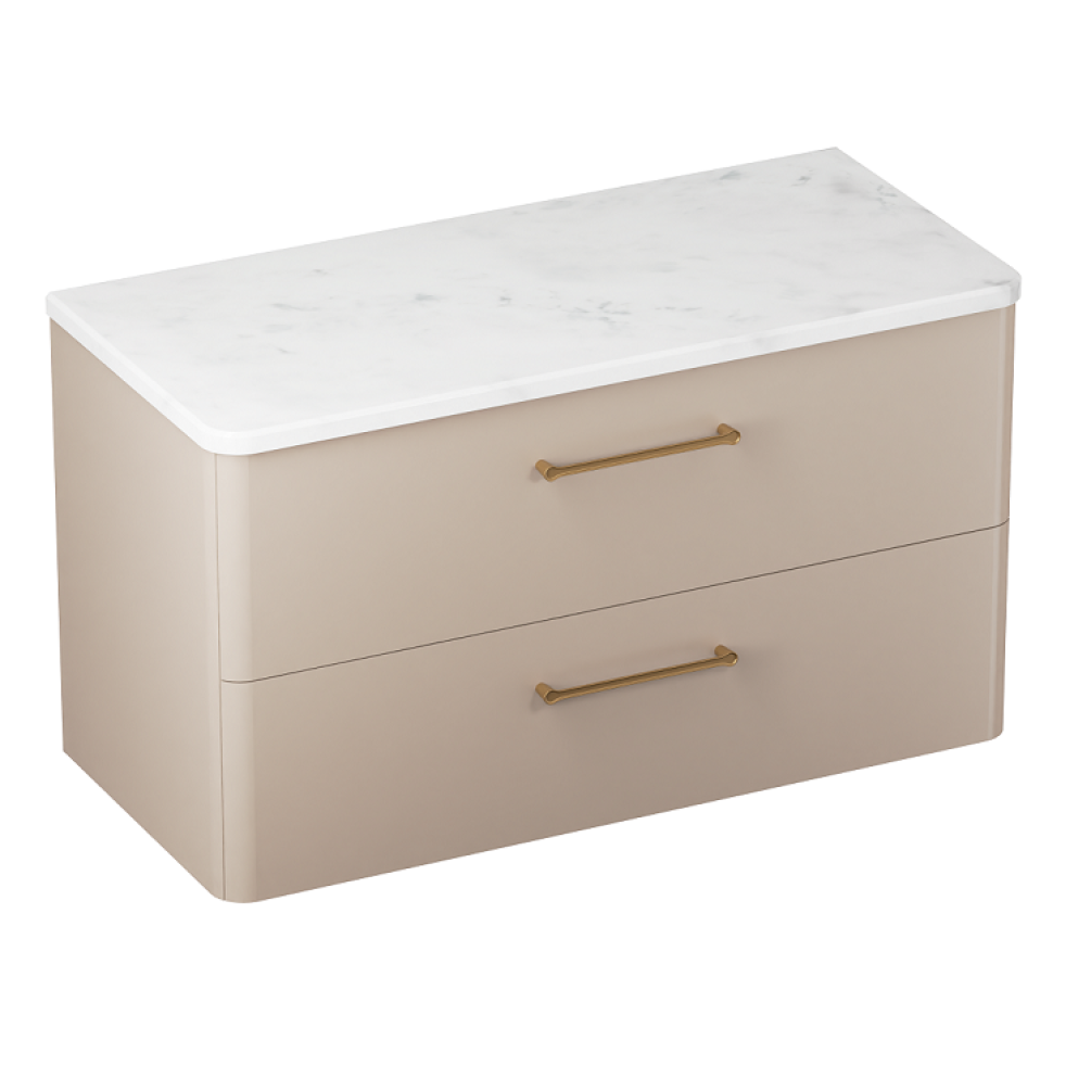 Product cut out photo of Britton Bathrooms Camberwell 1000mm Warm Beige Wall Hung Vanity Unit with Brushed Brass Handles C100DDM Side Angle