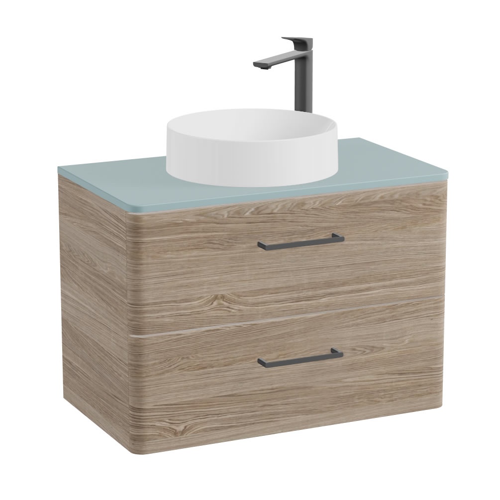 Vado Cameo 800mm Natural Oak Wall Hung 2 Drawer Vanity Unit, Cove Blue Worktop & Gloss Basin