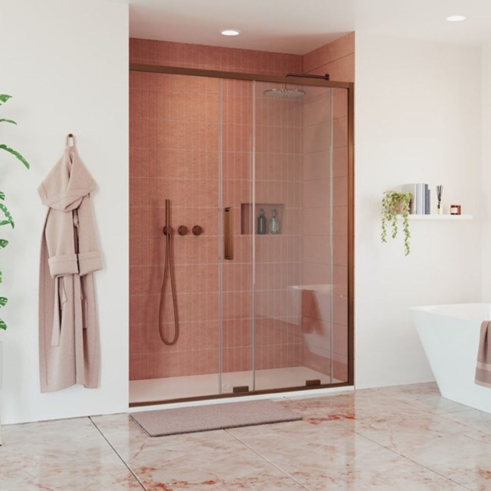 Crosswater Optix 10 Brushed Bronze 1400mm Sliding Shower Door & Rectangular Shower Tray