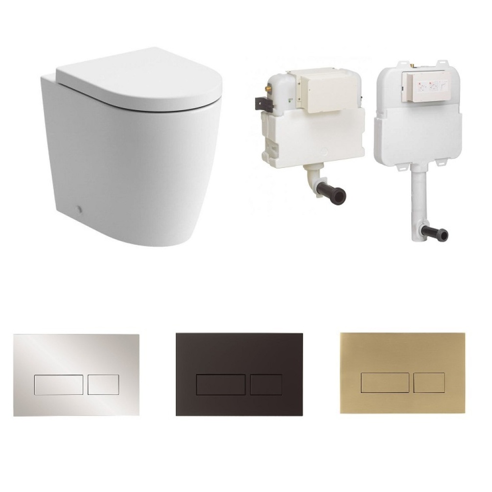 Product bundle cutout images of Zero 3 Back to Wall Toilet with Soft Close Seat and Crosswater Standard Height or Taller Cistern & choice of coloured MPRO toilet flush button ZERO2BTWSC  WCC47X46+2 WCC57X46+2 TEFLUSHC+ PROFLUSHB PROFLUSHF