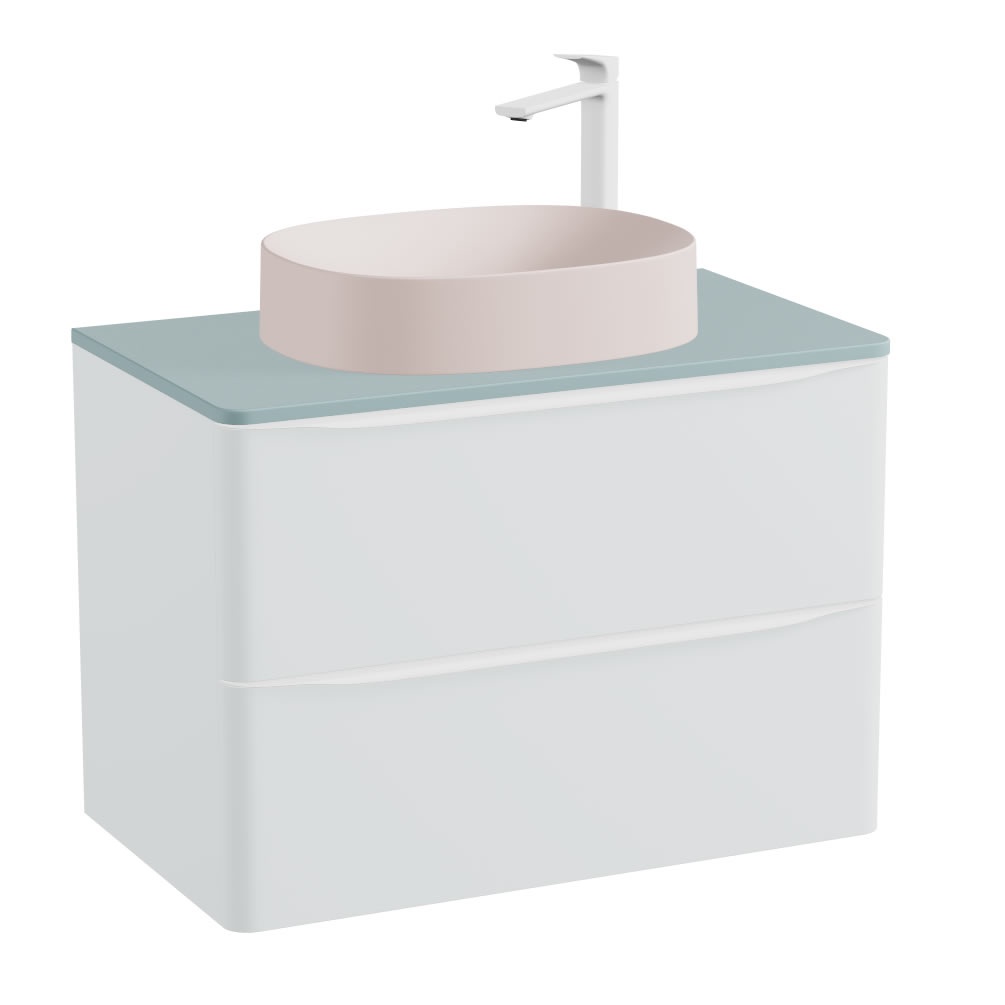 Vado Cameo 600mm Arctic White Wall Hung 2 Drawer Vanity Unit, Cove Blue Worktop & Pink Basin