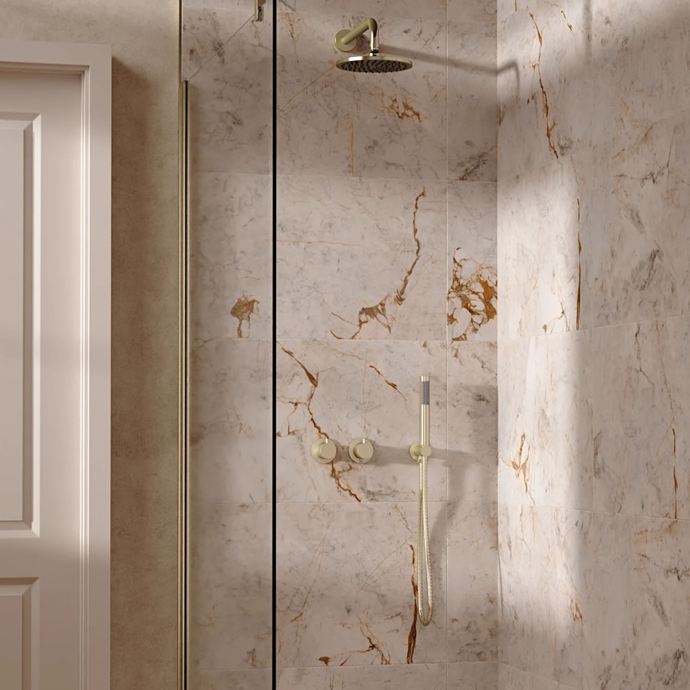 Cutout image of Crosswate Module Brushed Brass Dual Outlet Rainfall Shower Set