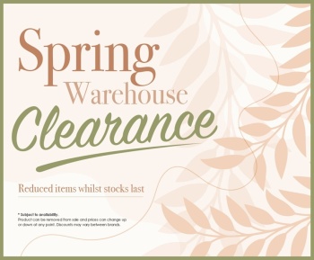text saying spring warehouse clearance on a cream background with a floral side pattern