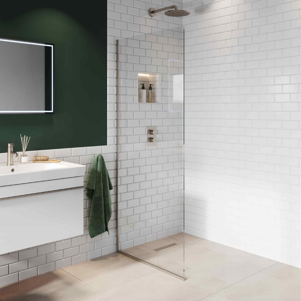 Product Lifestyle image of the Abacus Brushed Nickel 690mm Fixed 10mm Wet Room Screen