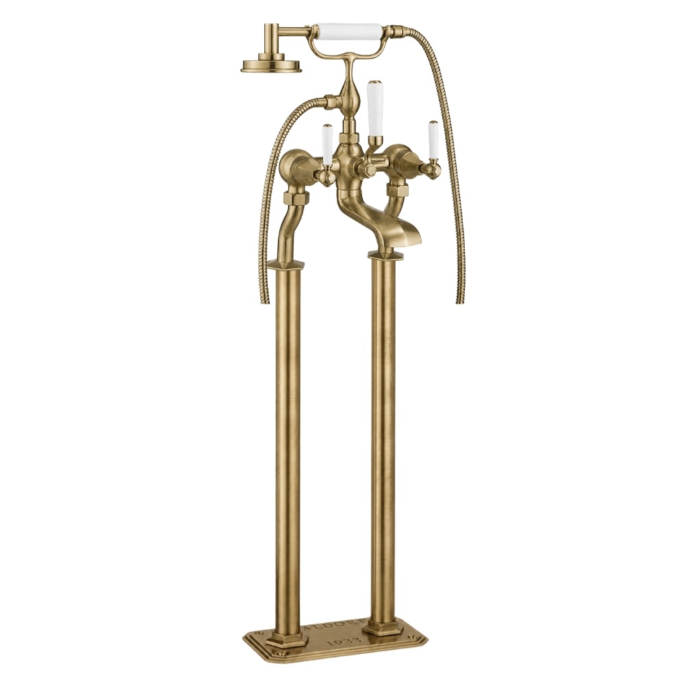 Cut out image of the Crosswater Waldorf Brushed Brass Freestanding White Lever Bath Shower Mixer