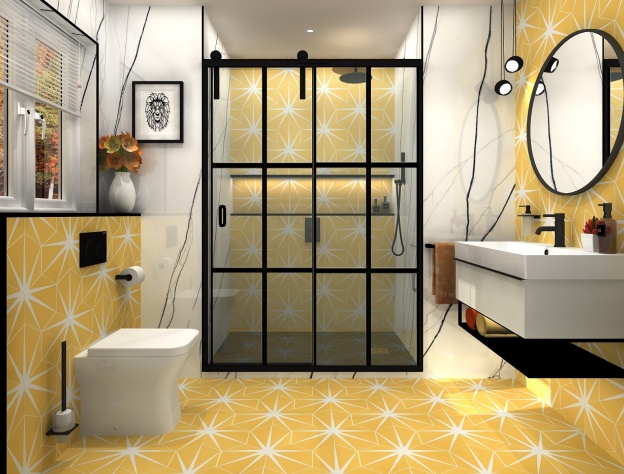 Digital lifestyle image of the Leo inspired bathroom, with yellow tiles on the floor and walls, a back to wall toilet and a britall framed shower enclosure