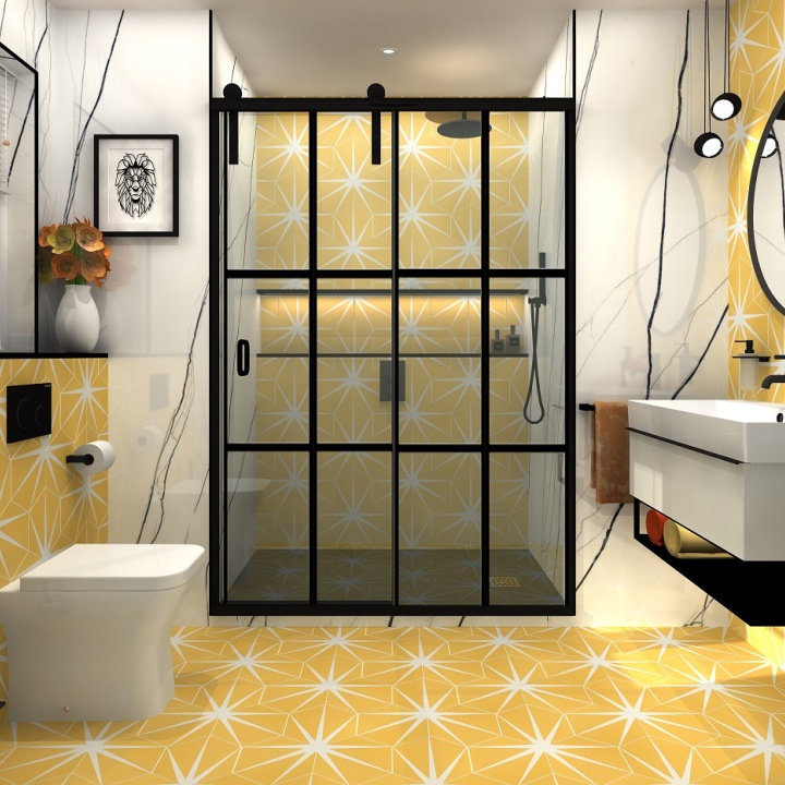 Digital lifestyle image of the Leo inspired bathroom, with yellow tiles on the floor and walls, a back to wall toilet and a britall framed shower enclosure