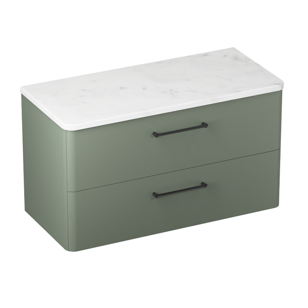 Product cut out photo of Britton Bathrooms Camberwell Earthy Green 1000mm Wall Hung Vanity Unit with Black Handles and worktop C100DDG