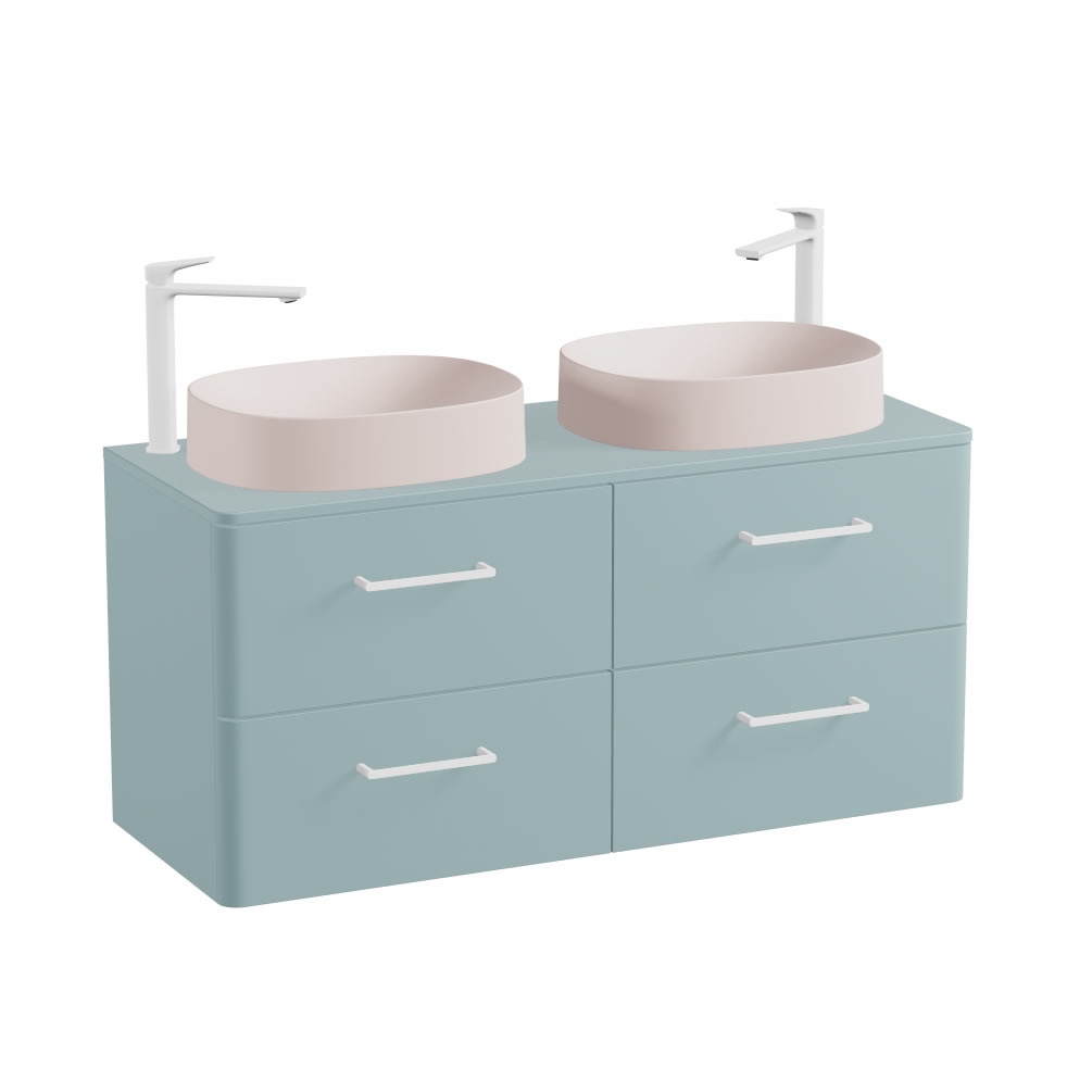 Vado Cameo 1200mm Cove Blue Wall Hung 4 Drawer Vanity Unit, Worktop & Pink Clay Basin