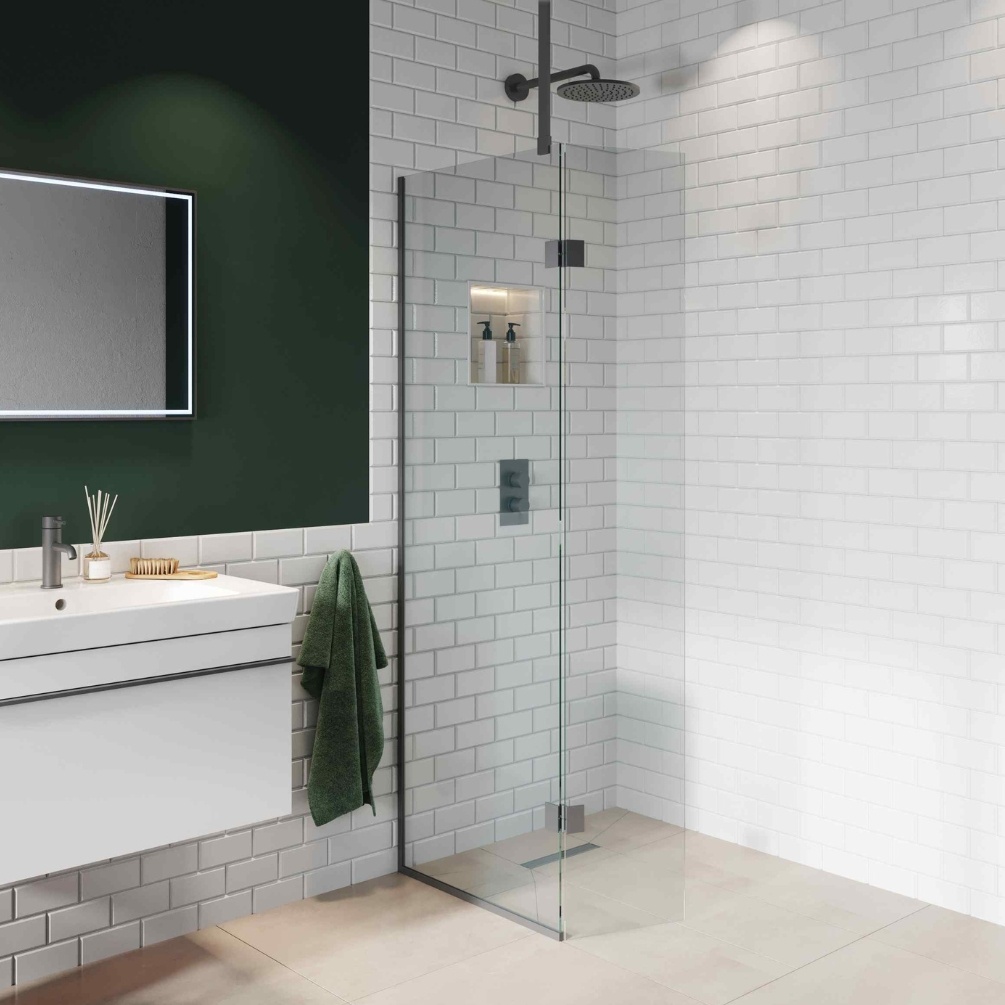 Lifestyle image of the Abacus Matt Anthracite 700mm Wetroom Screen with Ceiling Support & Deflector Panel