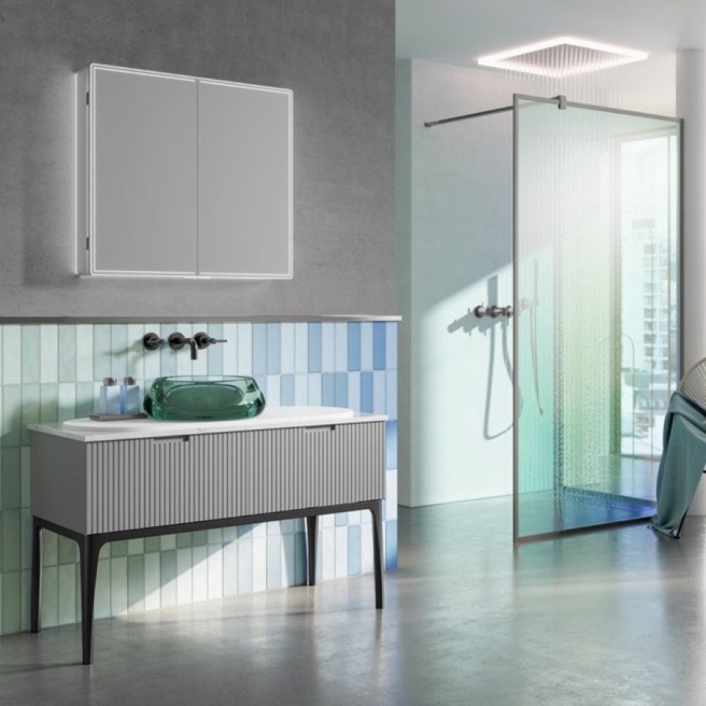 Product Lifestyle image of the hib. Isoe 800mm x 700mm Charging LED Mirror Cabinet