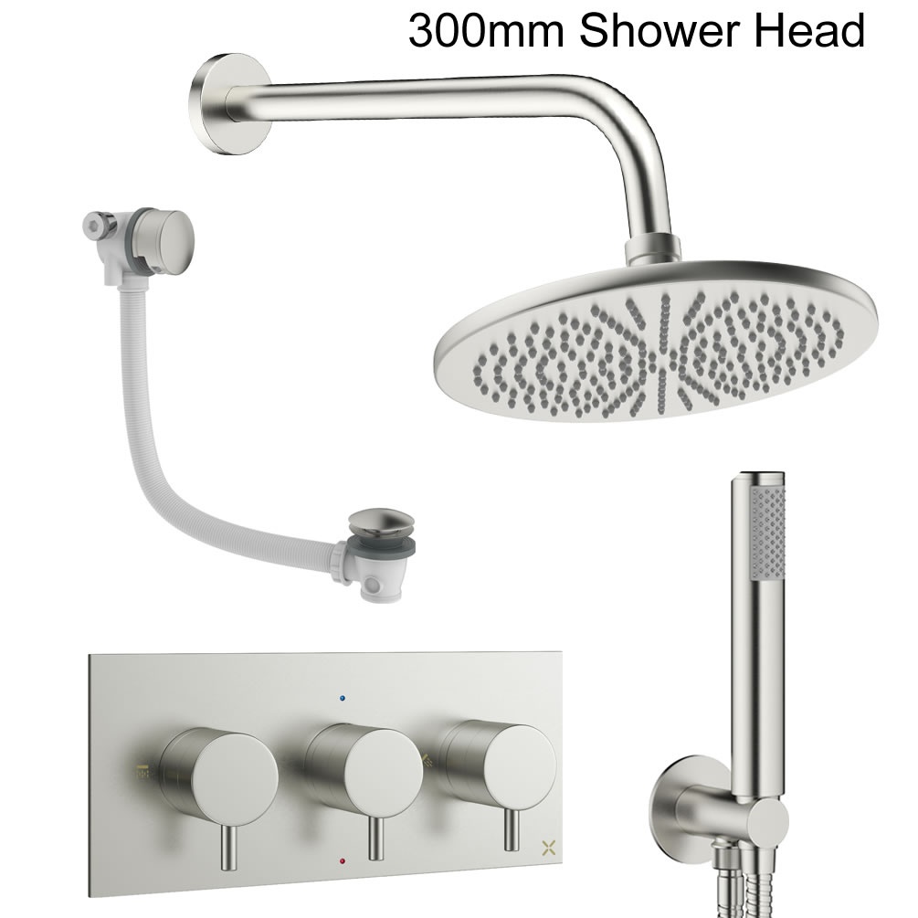 Cutout image of Crosswater Design Brushed Nickel Three Outlet Shower Bath Set 300mm head