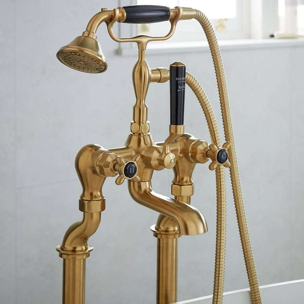 Booth & Co. Axbridge Black Cross Brushed Brass Floorstanding Bath Shower Mixer - Lifestyle