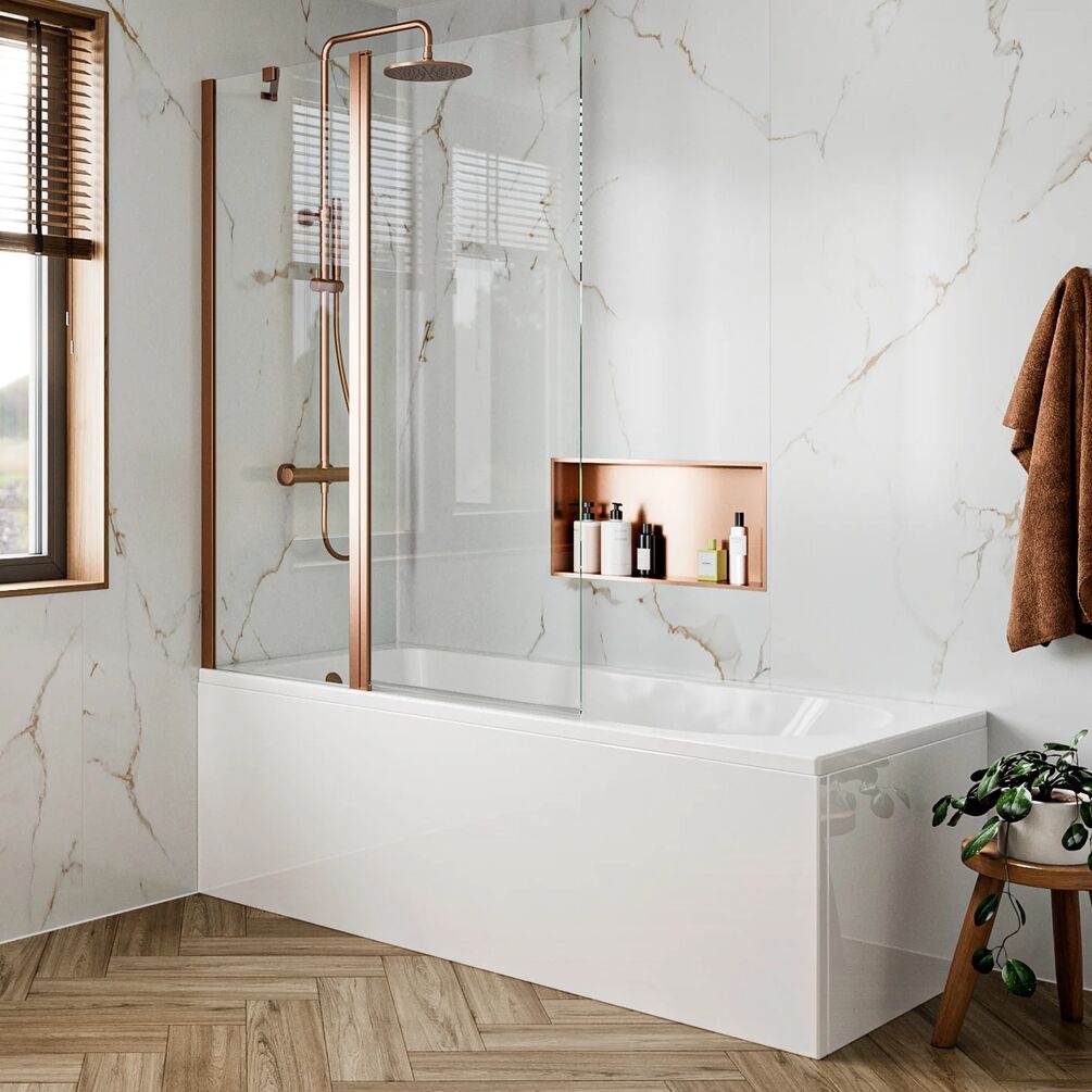 Lifestyle image of Crosswater Clear 6 Brushed Bronze Double Panel Hinged Bath Screen