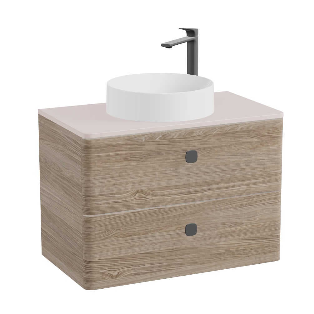 Vado Cameo 800mm Natural Oak Wall Hung 2 Drawer Vanity Unit, Pink Worktop & Gloss Basin