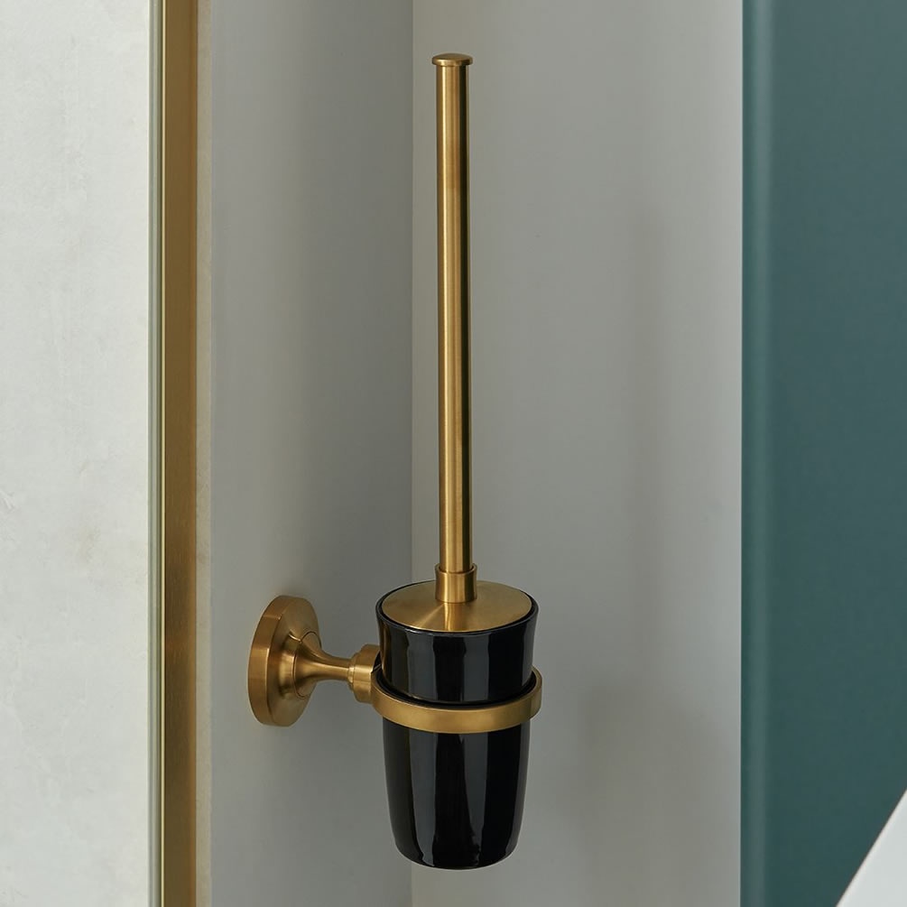 Booth & Co. Axbridge Brushed Brass/Black Toilet Brush & Ceramic Holder - Lifestyle Image 1