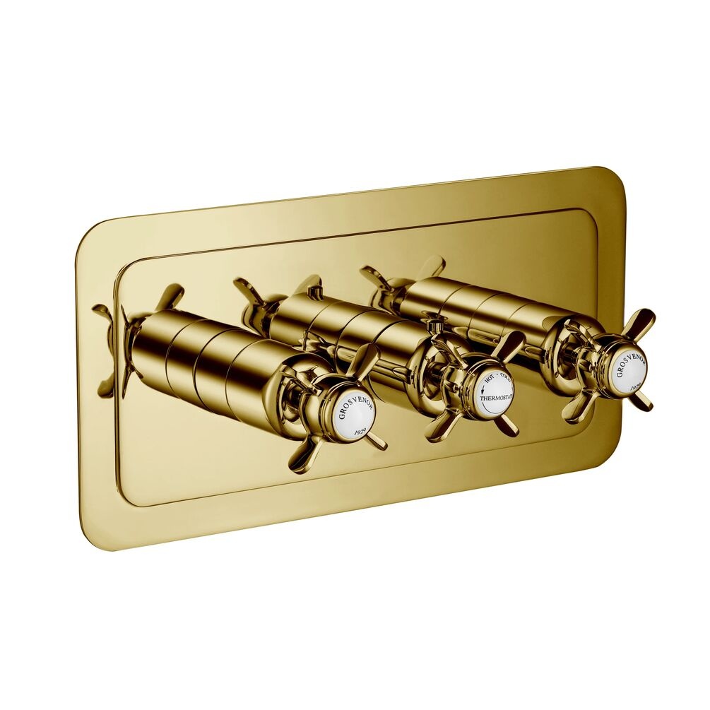 JTP Grosvenor Pinch Polished Gold 3 Outlet 3 Handle Landscape Thermostatic Shower Valve Cut Out