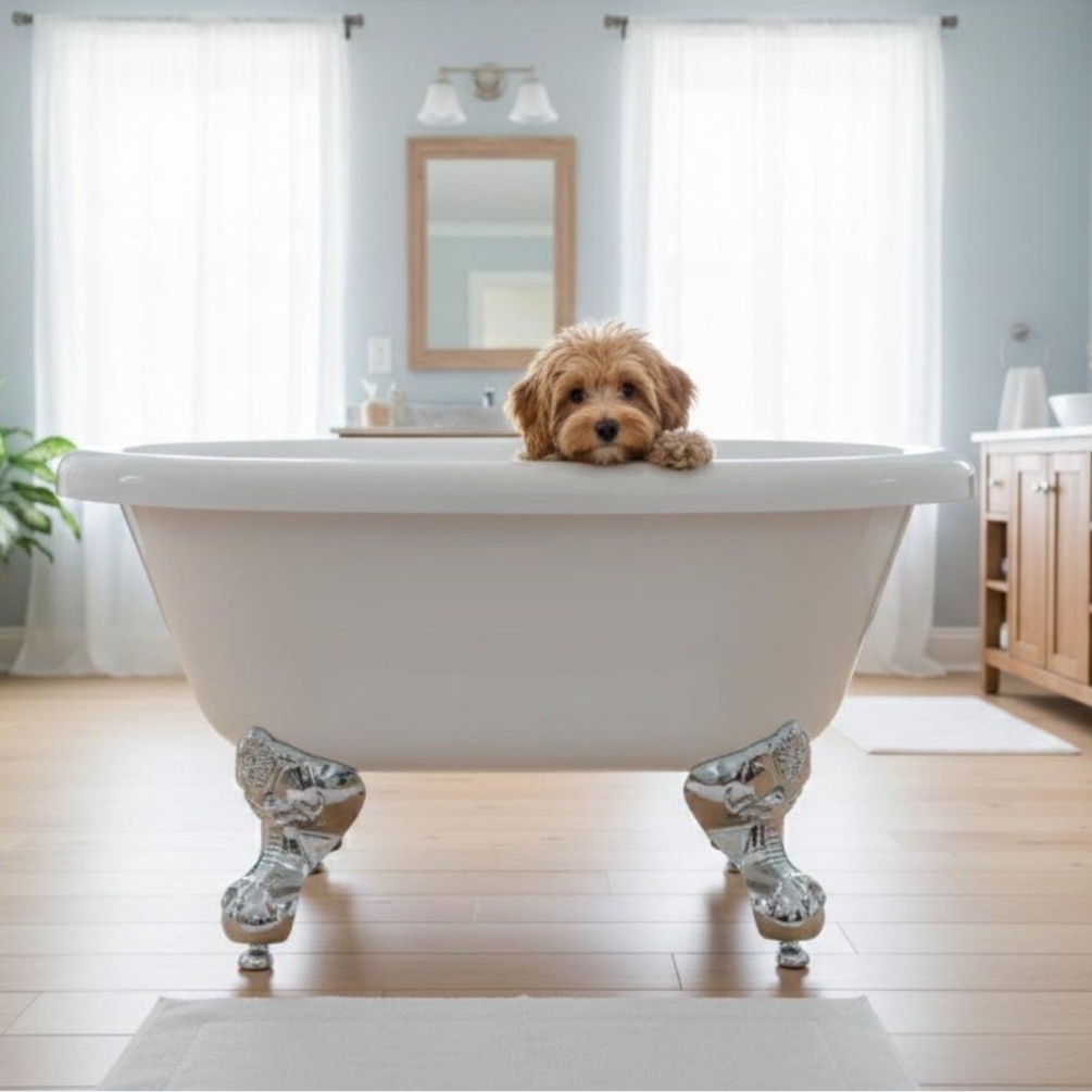 Lifestyle image of the Sanctuary Chien 800mm x 500mm Freestanding Pet Bath with a pet dog in the bath