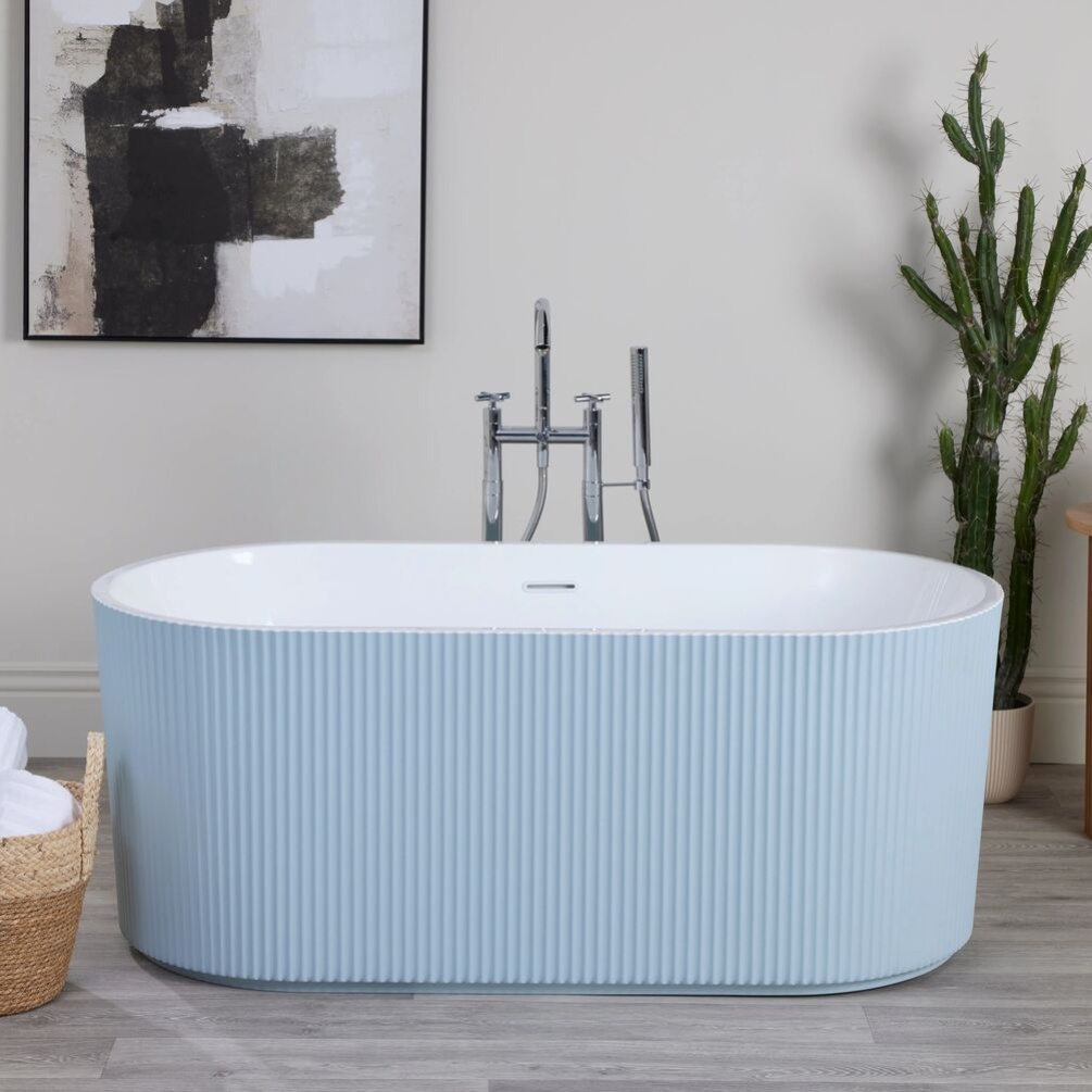 Product lifestyle image of Camden Double Ended Freestanding Bath 1500mm in painted light baby blue finish -front angle CAMDEFB1500