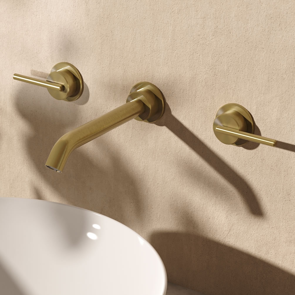 Lifestyle image of Crosswater 3ONE6 Lever Brushed Brass 3 Hole Wall Mounted Basin Mixer