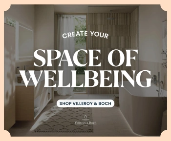 an image of a bathroom facing a window with a vanity unit on the left and bath on the right. Text says space of wellbeing with Shop Villeroy & Boch image and logo