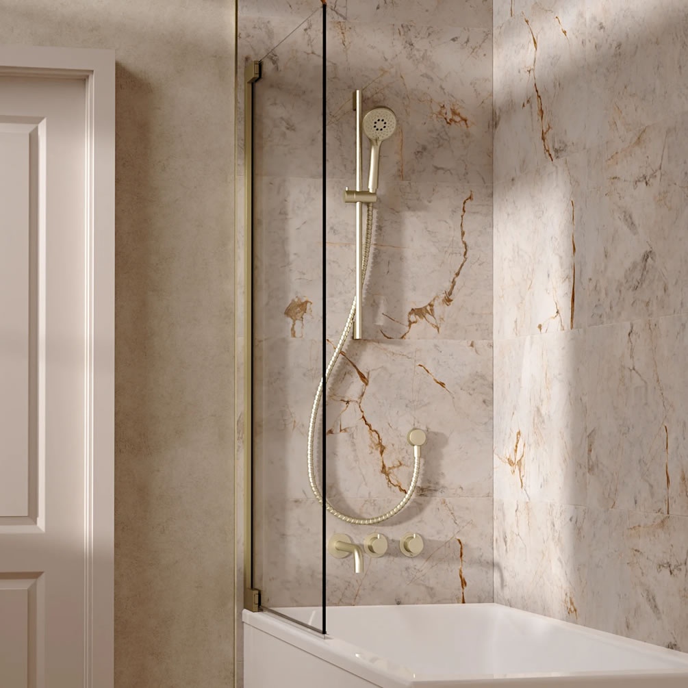 Lifestyle image of Crosswater Module Brushed Brass Dual Outlet Slide Rail Shower Bath Set