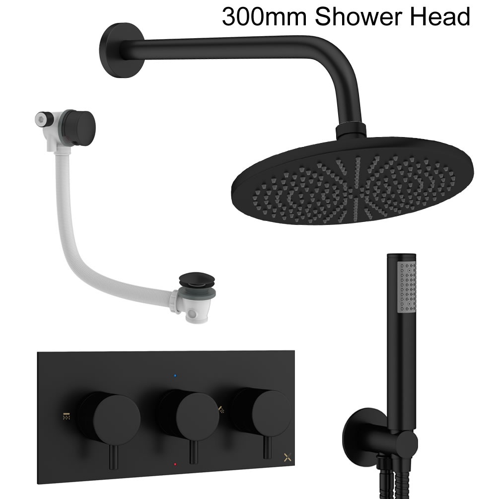 Cutout image of Crosswater Design Matt Black Three Outlet Shower Bath Set 300mm spec