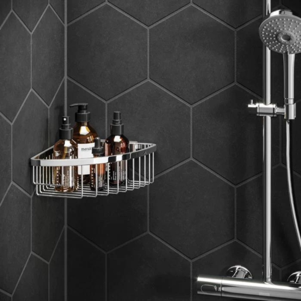 Product Lifestyle image of the HIB Wire Corner Shower Basket
