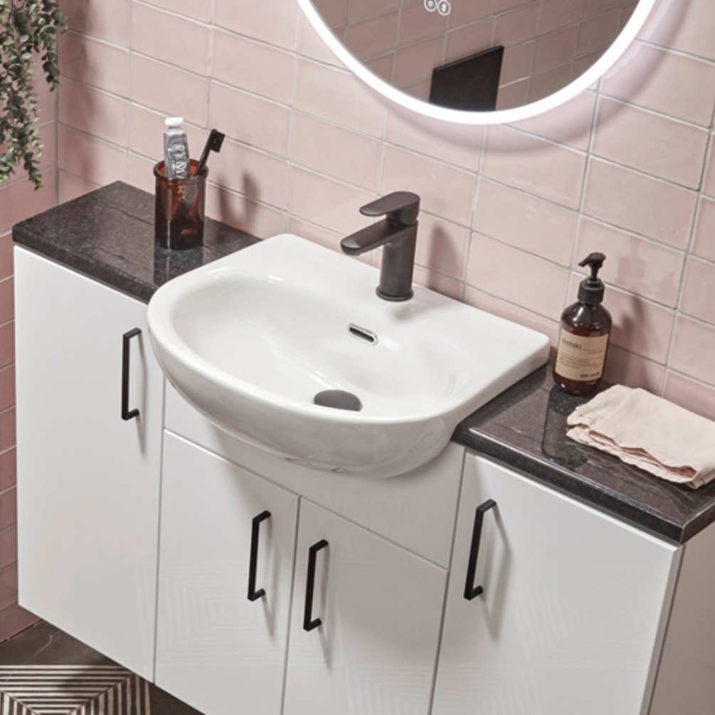 Lifestyle image of the Tavistock Micra Evo 475mm Slim Depth Semi-Countertop Basin mounted in fitted furniture