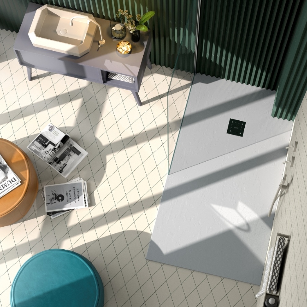 Product Lifestyle image of the Doccia Lipari Grey Slate 1200mm x 900mm Shower Tray from above