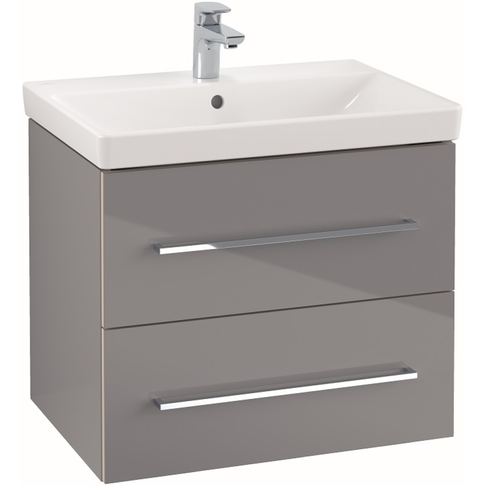 Product cutout image of Villeroy and Boch Avento 650mm Wall Hung Basin and Vanity Unit in Crystal Grey with chrome handles and 1 tap hole basin