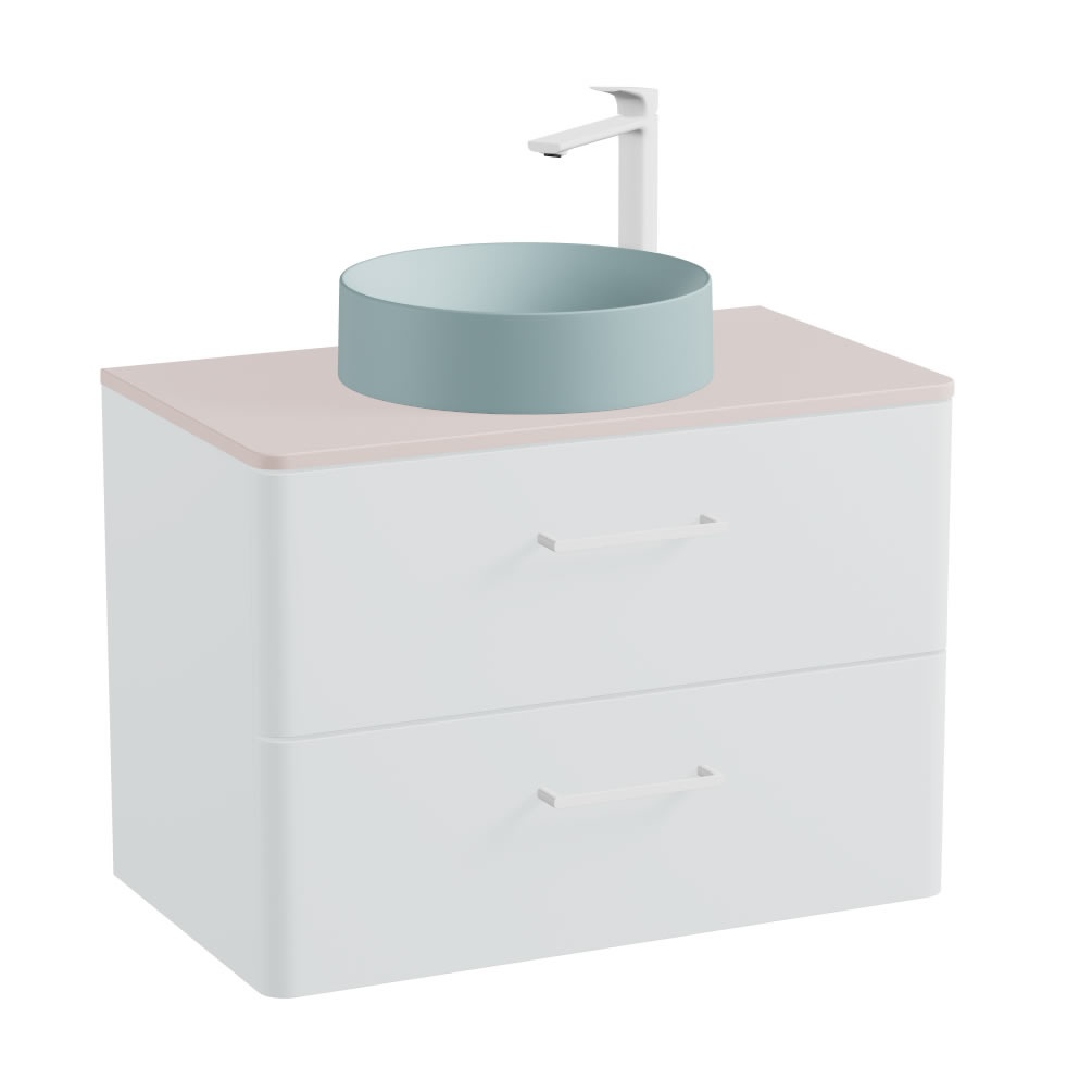 Vado Cameo 800mm Arctic White Wall Mounted Vanity Unit, Pink Clay Worktop & Cove Blue Basin