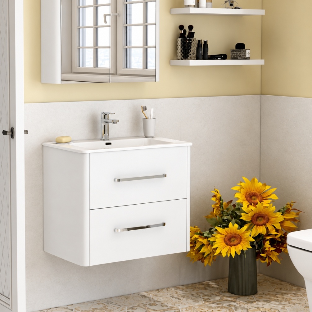 Imex Suburb White Gloss Double Drawer 600mm x 395mm Wall Hung Bathroom Vanity Unit With Basin Lifestyle 1