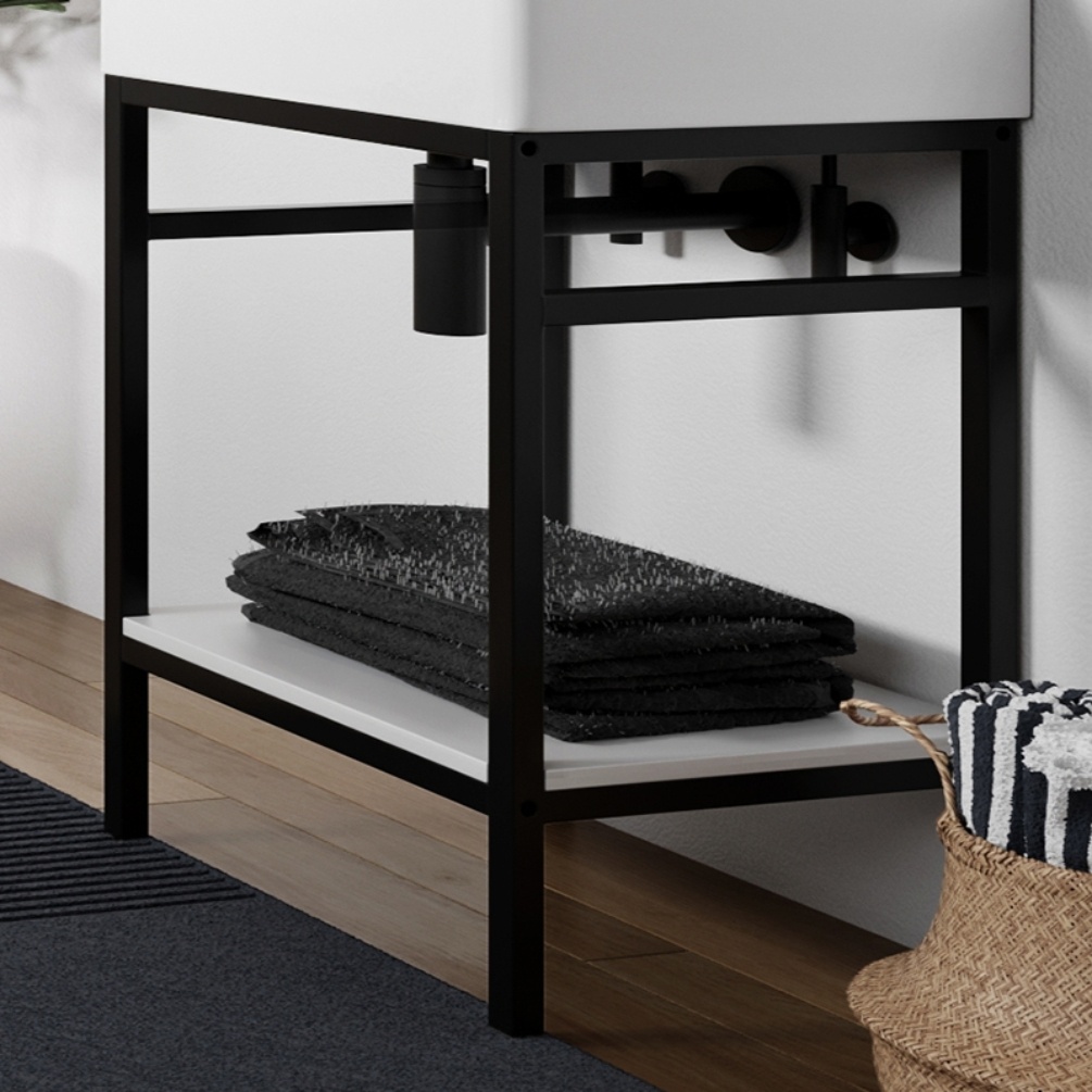 Close up product lifestyle image of the Abacus Concept Noir Matt White 500mm Washstand Shelf
