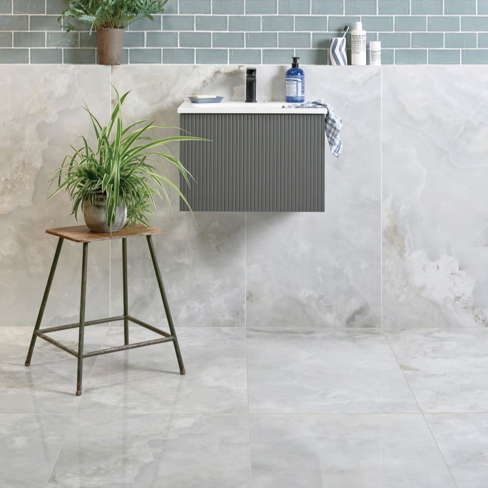 Wide lifestyle image of Ca Pietra California Porcelain Pearl wall & floor tiles