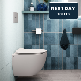 image of wall hung toilet in blue tiled bathroom with next day delivery toilets text overlaid
