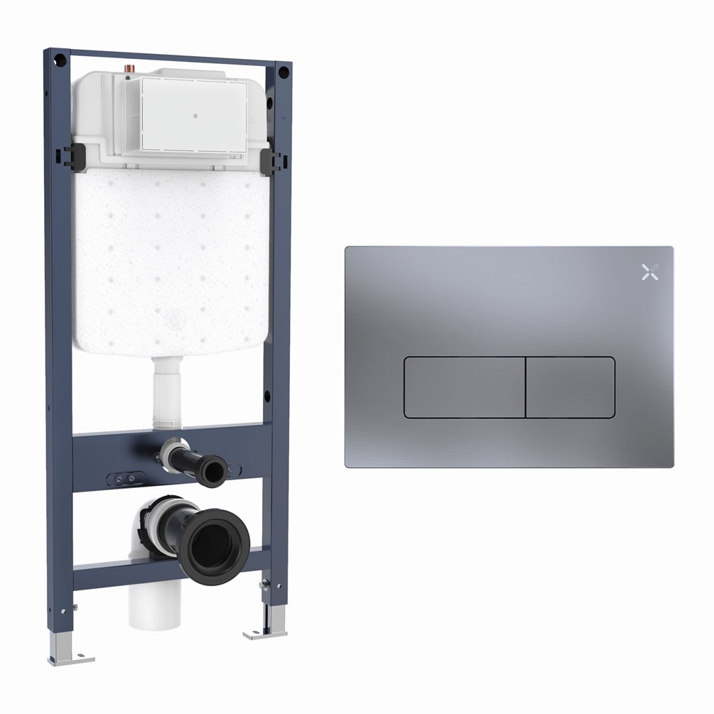 Cutout image of Crosswater 1120mm Slim Wall-Hung Cistern Frame & MPRO Brushed Nickel Dual Flush Plate