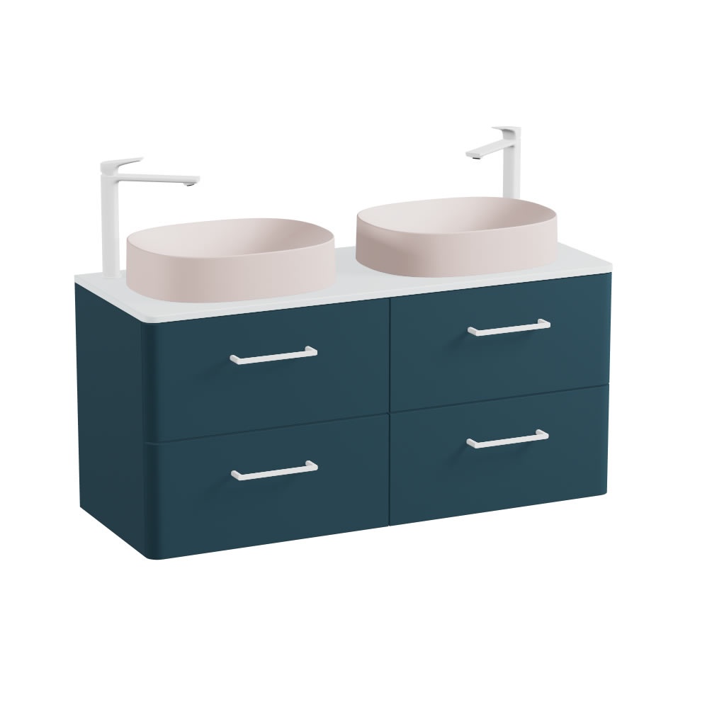 Vado Cameo 1200mm Pink Clay Wall Hung 4 Drawer Vanity Unit, Arctic Worktop & Pink Oval Basins