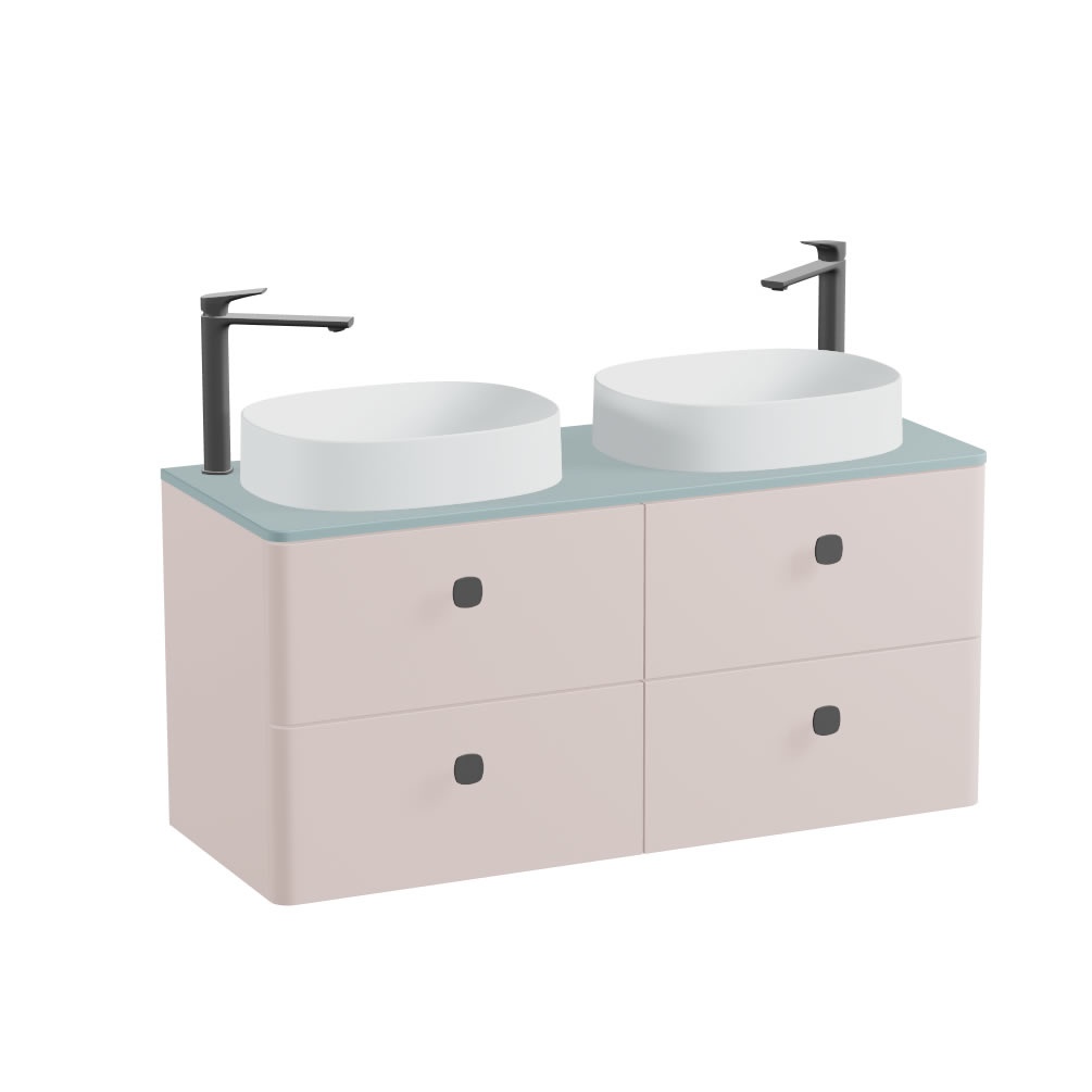 Vado Cameo 1200mm Pink Clay Wall Hung 4 Drawer Vanity Unit, Cove Worktop & Arctic White Oval Basins