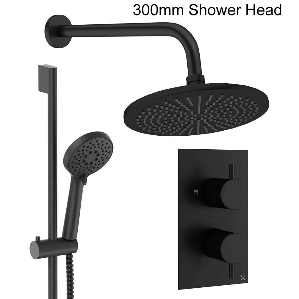 Cutout image of Crosswater Design Matt Black Dual Outlet Slide Rail Shower Set 300mm head