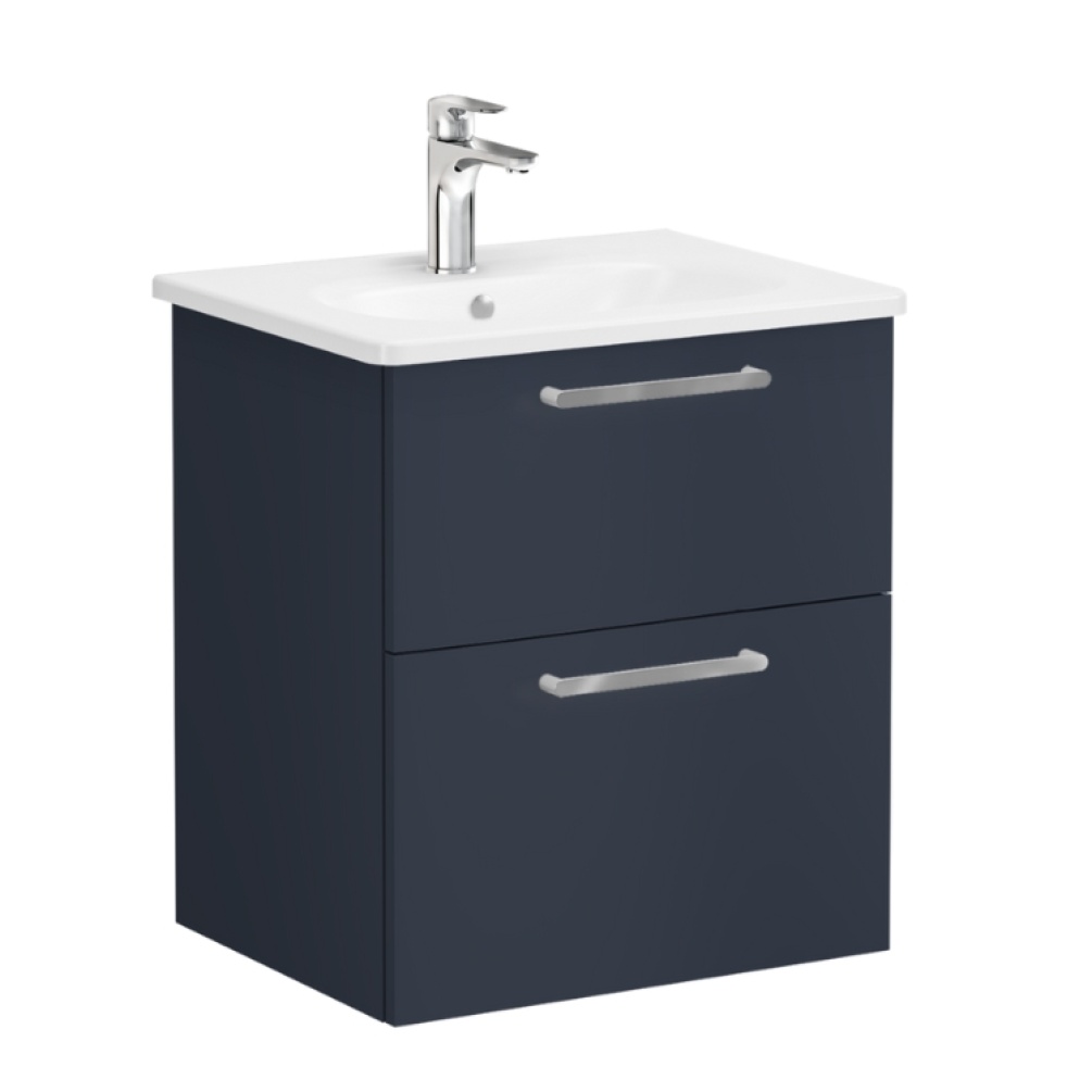Product Cut out image of VitrA Root Flat Dark Blue 600mm Washbasin Drawers Unit 67948 with chrome handles