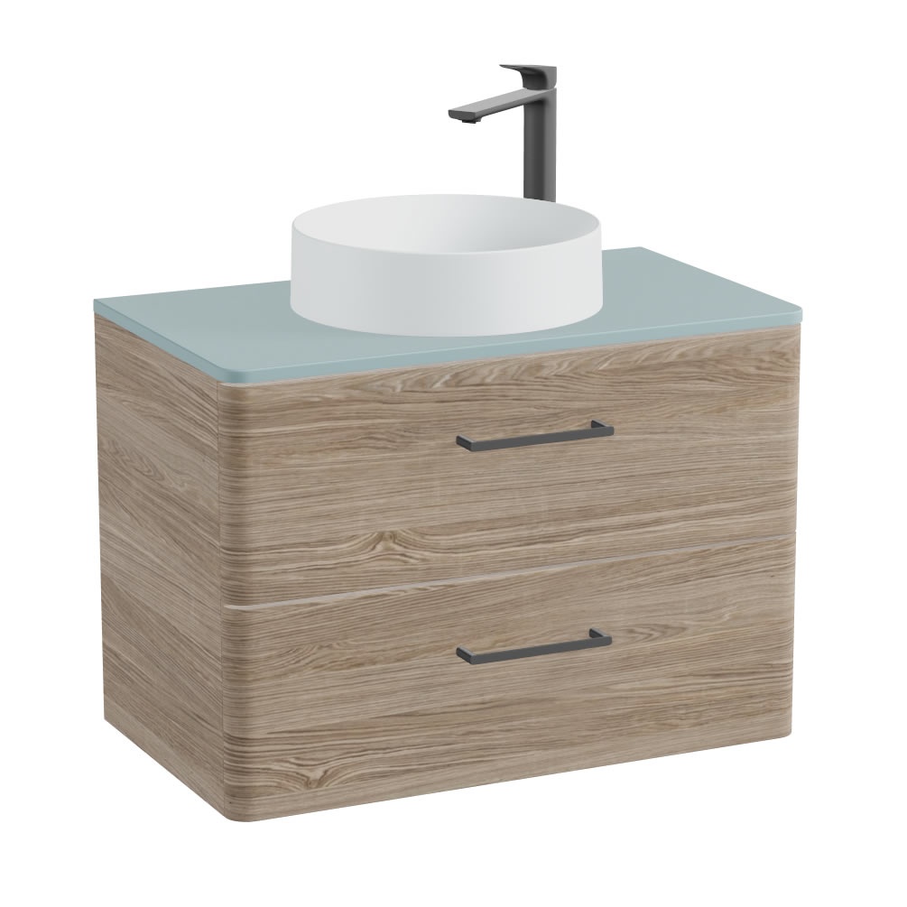 Vado Cameo 800mm Natural Oak Wall Hung 2 Drawer Vanity Unit, Cove Blue Worktop & Arctic Basin