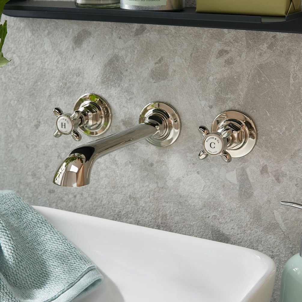 Booth & Co. Axbridge Cross Nickel Wall-Mounted Basin Mixer - Lifestyle Image
