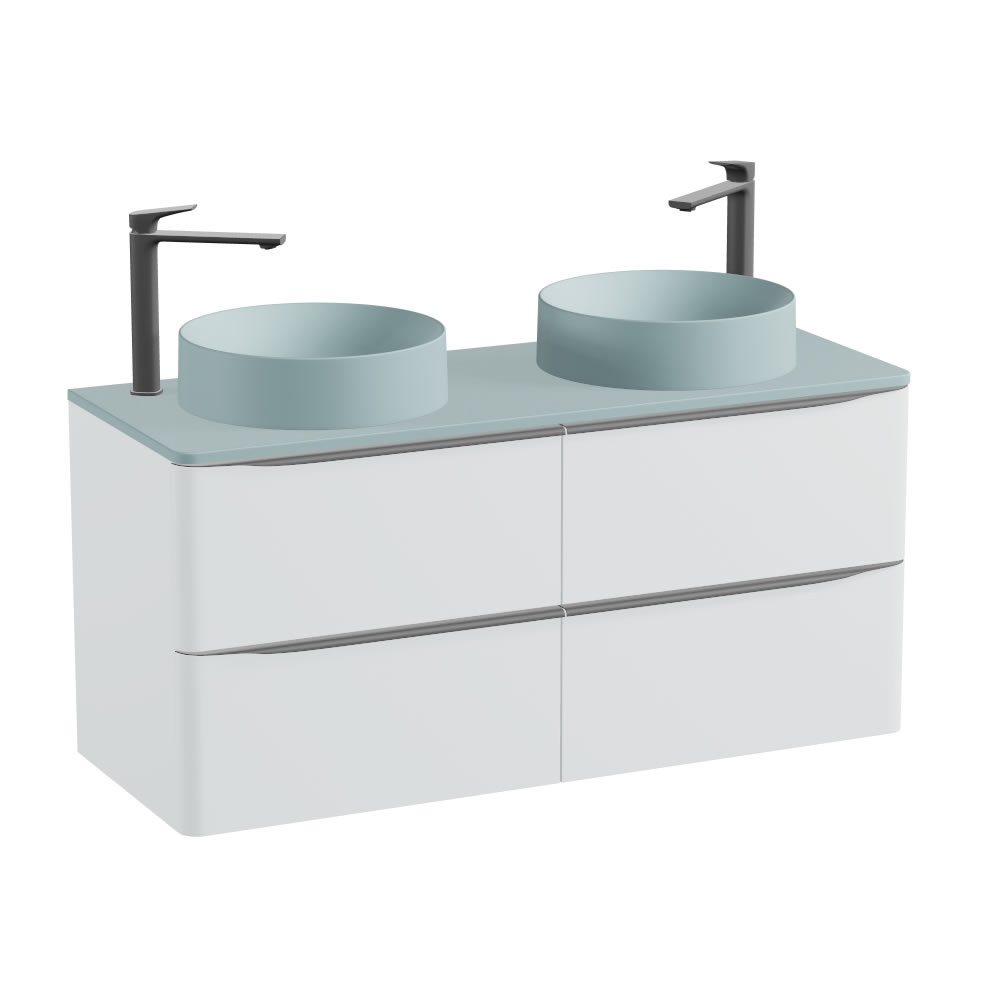 Vado Cameo 1200mm Arctic White Wall Hung 4 Drawer Vanity Unit, Cove Blue Worktop & Basins