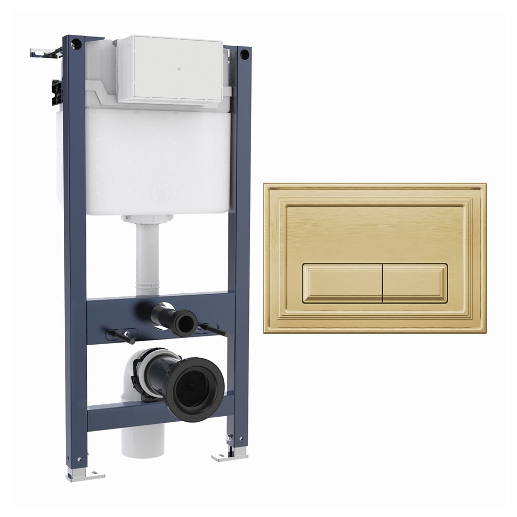 Cutout image of Crosswater 980mm Wall-Hung Cistern Frame & Belgravia Brushed Brass Dual Flush Plate