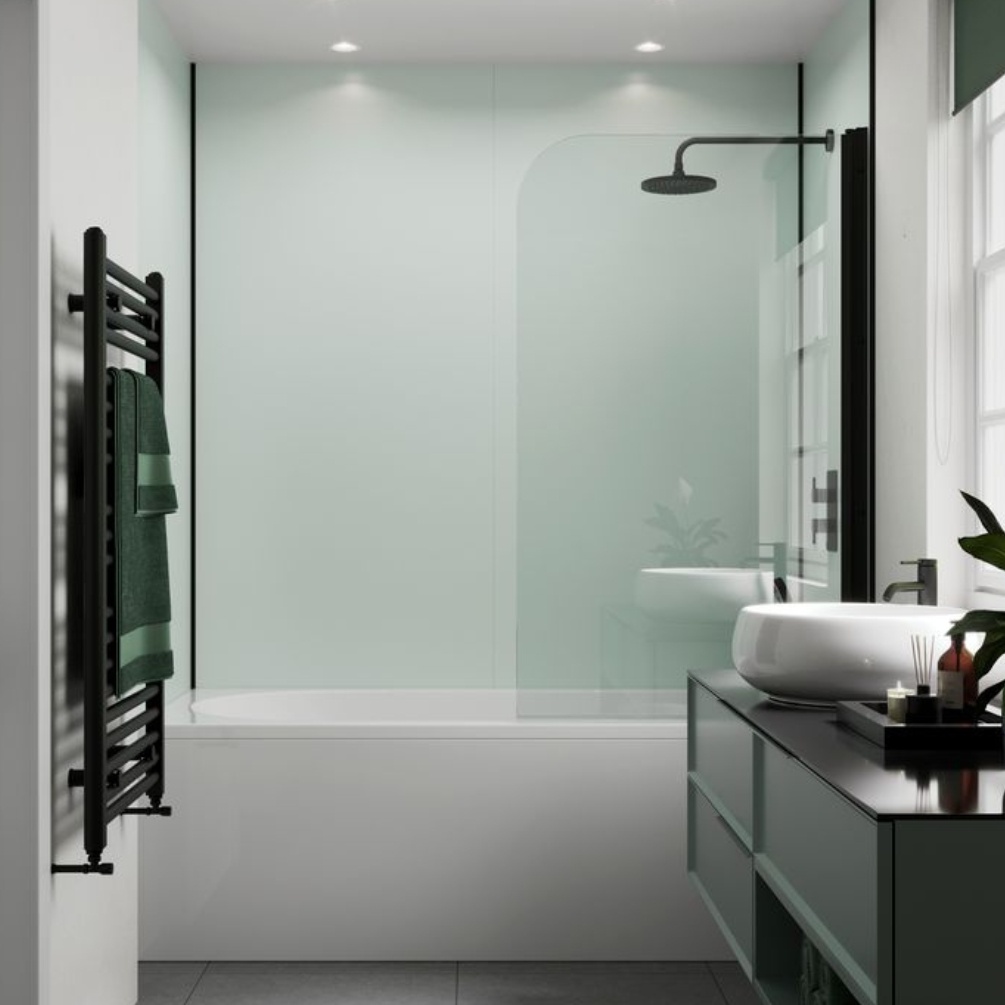 Lifestyle image of the Showerwall Laminate Aqua Ice 2440mm x 1179mm Proclick Ply Wall Panel - SW11 within a rectangular bath shower enclosure