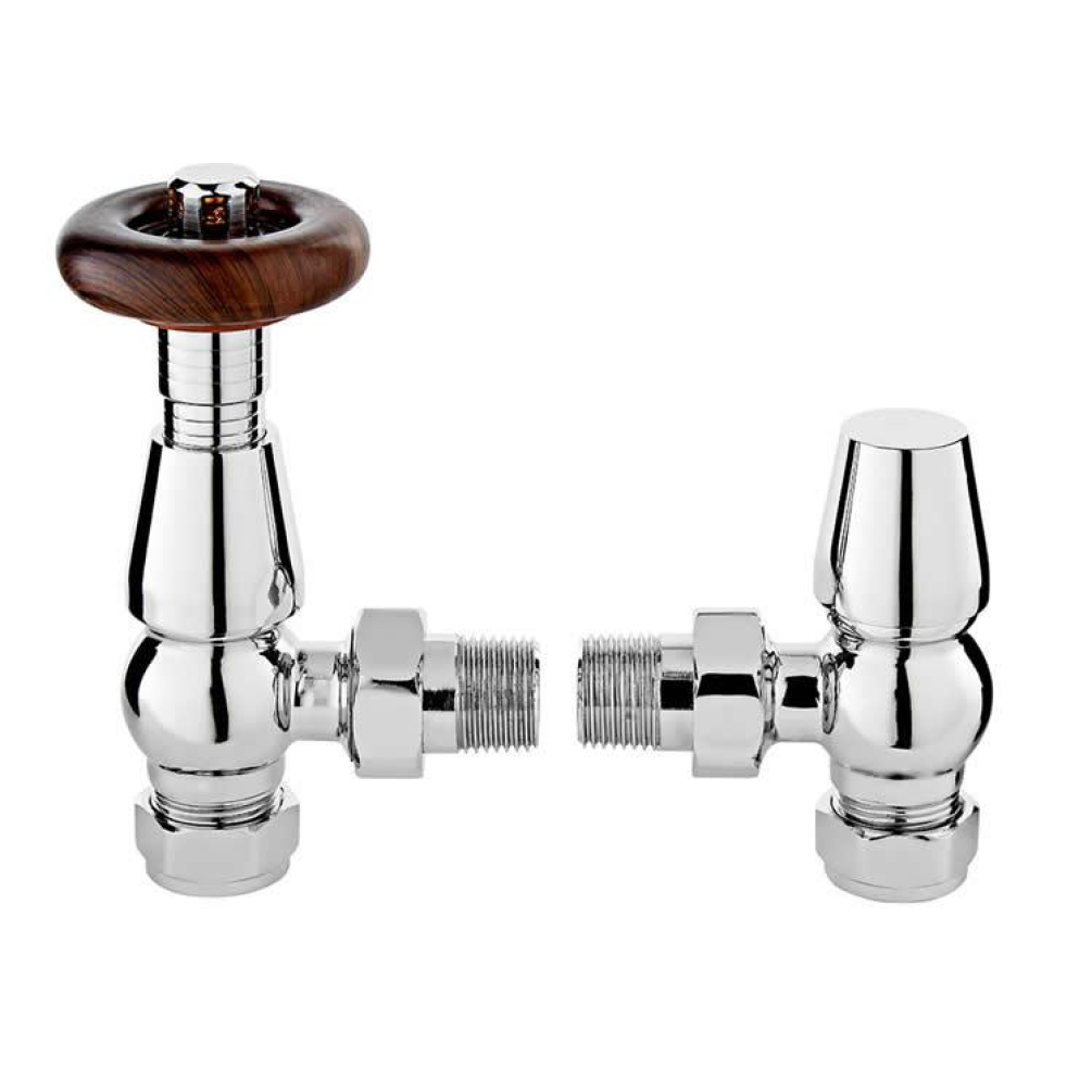 Photo of Bayswater Angled Thermostatic Rounded Chrome Radiator Valves With Lock Shield
