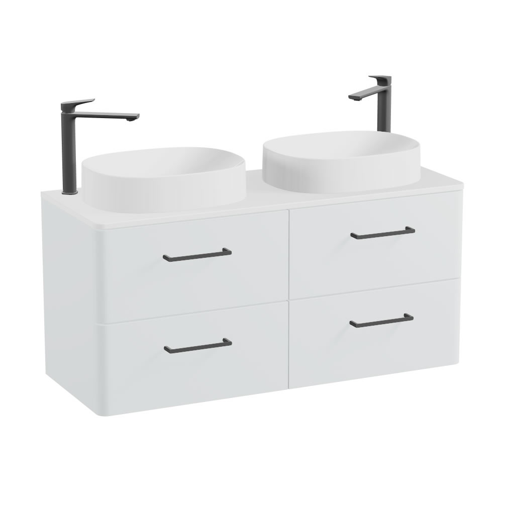 Vado Cameo 1200mm Arctic White Wall Hung 4 Drawer Vanity Unit, Worktop & Gloss White Basins