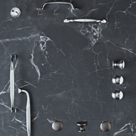 montage image of different roper rhodes furniture handles on a black marble surface